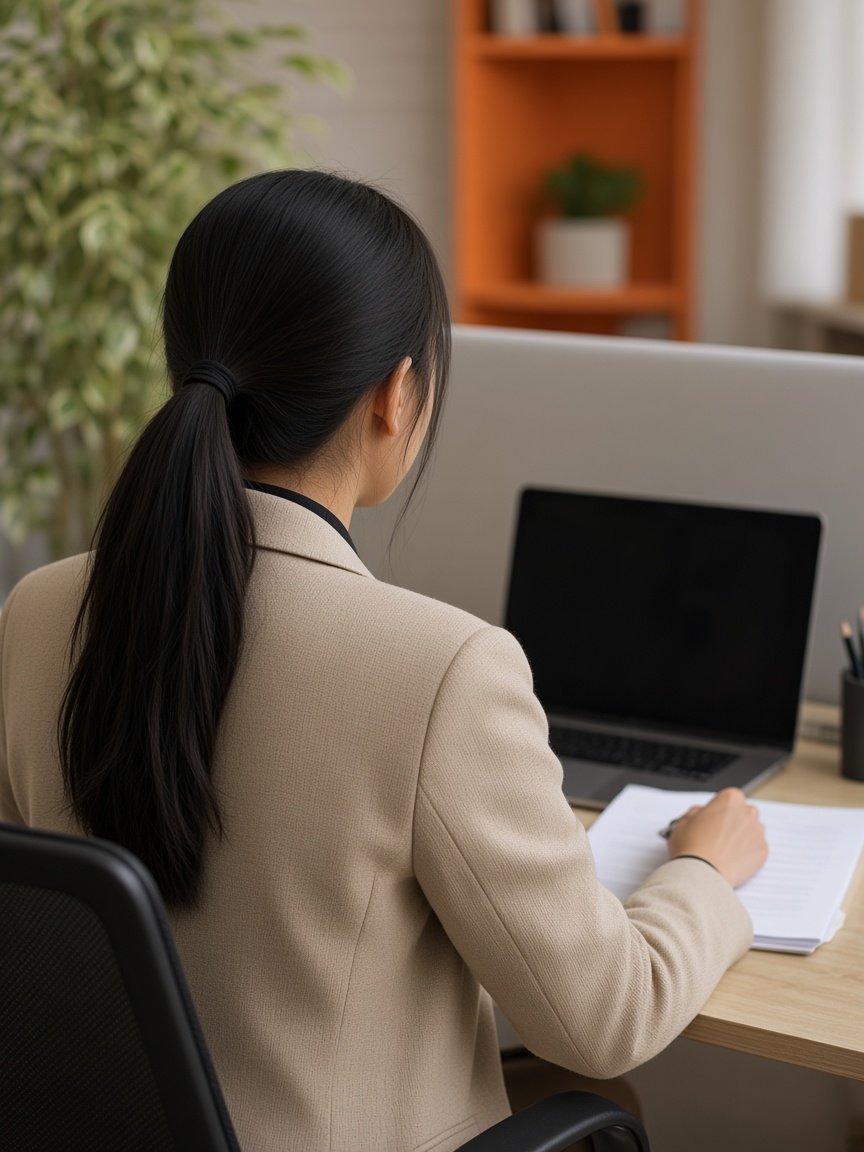 Personne préparant son retour au travail après un congé prolongé, dossier et ordinateur sur le bureau